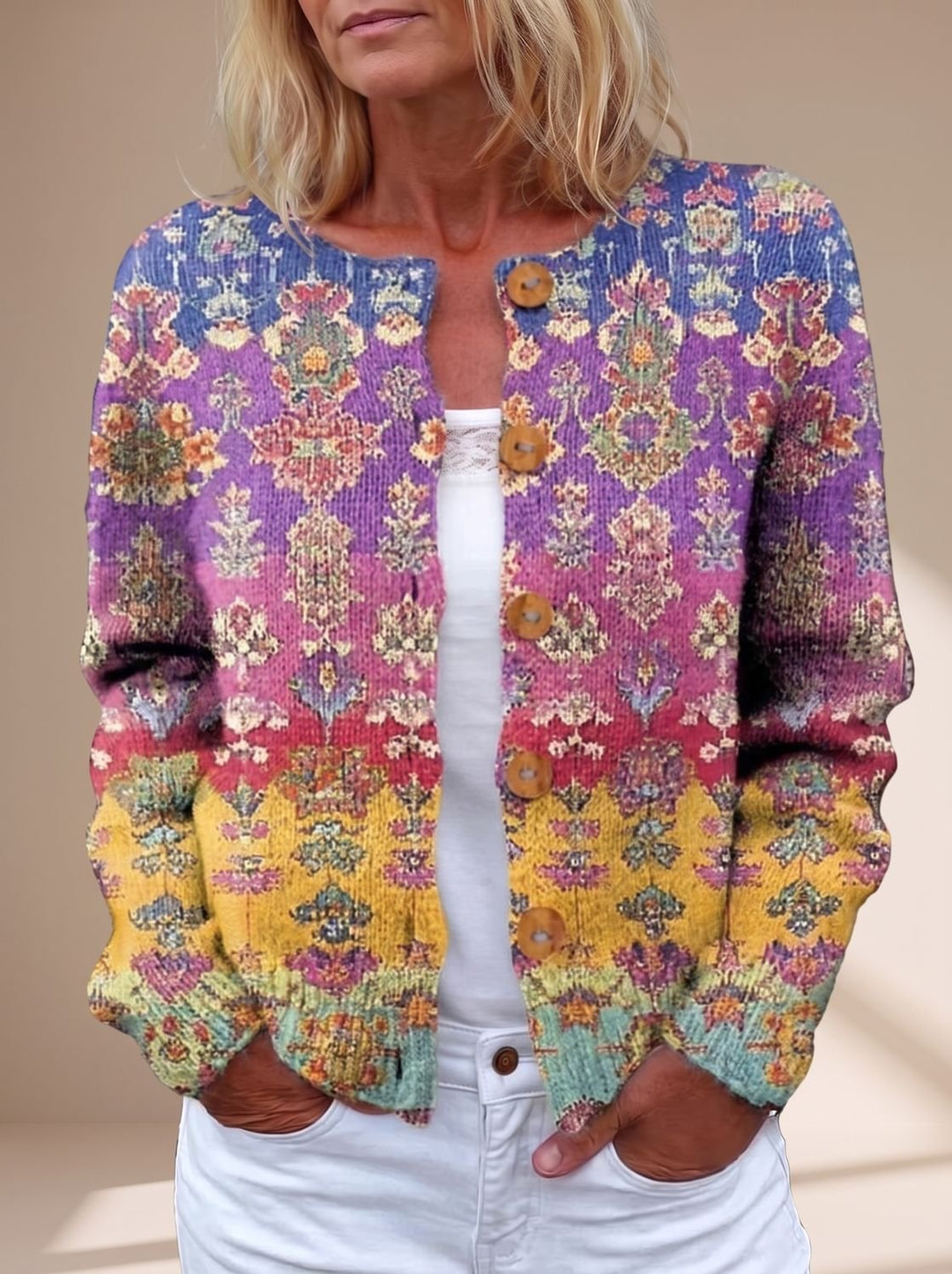 Women's Floral Button-Front Long-Sleeve Knit Cardigan