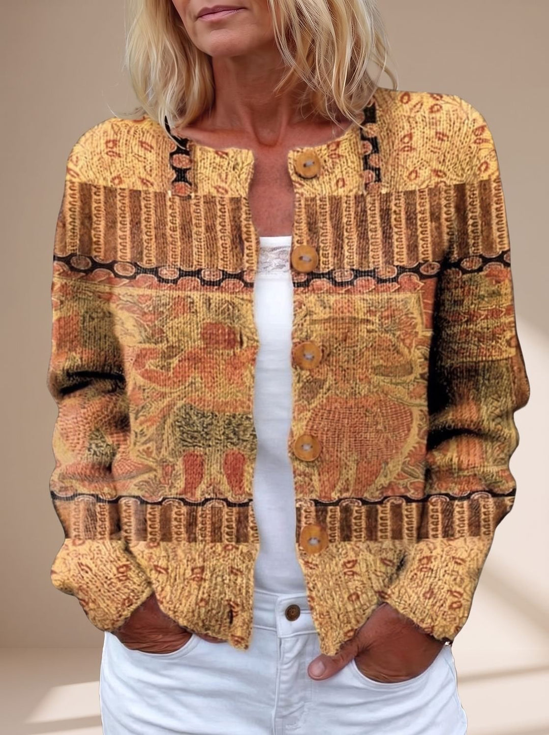 Women's Floral Button-Front Long-Sleeve Knit Cardigan