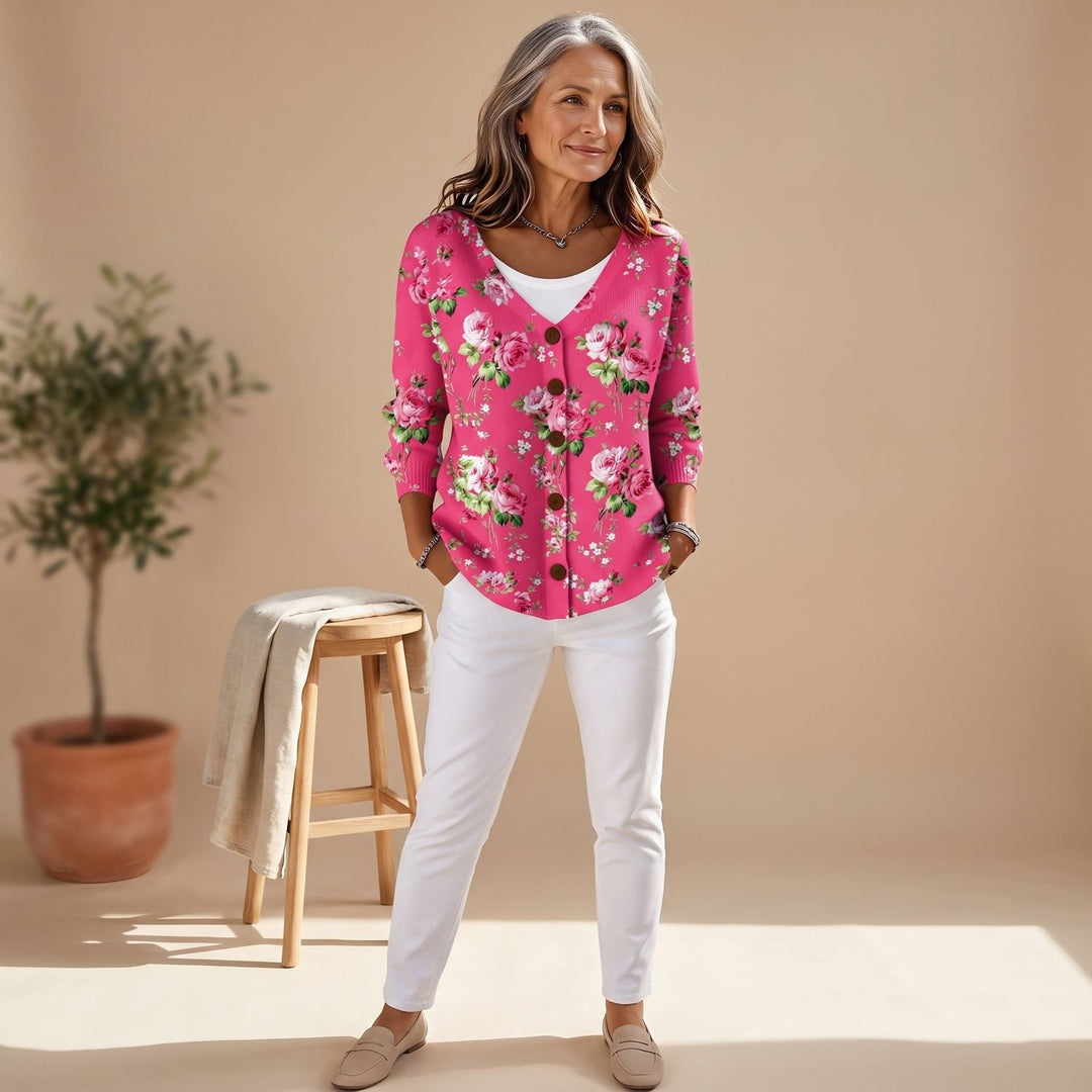 Women's Floral Button-Front V-Neck Long Sleeve Cardigan - Rose Red