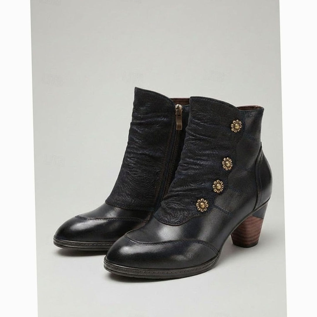 Women's Floral-Button Ruched Block-Heel Ankle Boots - Black