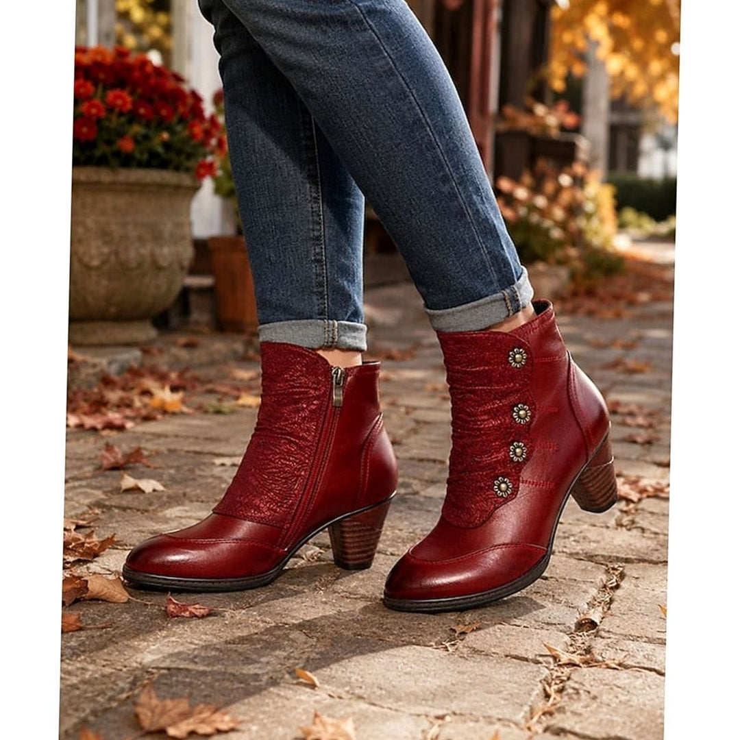 Women's Floral-Button Ruched Block-Heel Ankle Boots