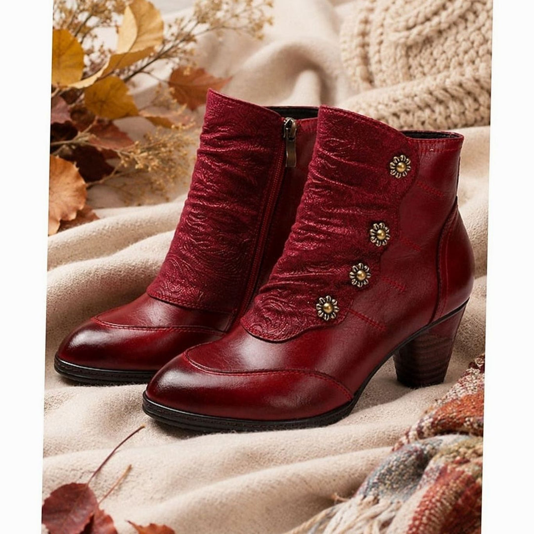 Women's Floral-Button Ruched Block-Heel Ankle Boots