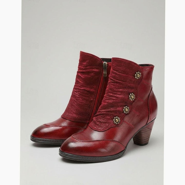 Women's Floral-Button Ruched Block-Heel Ankle Boots - Wine