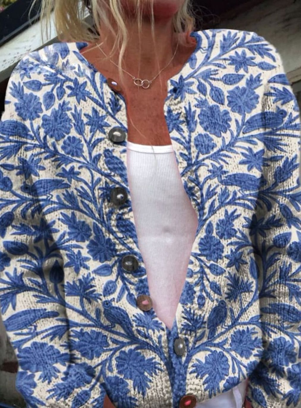 Women's Floral Button-Up Long Sleeve Cardigan - Blue