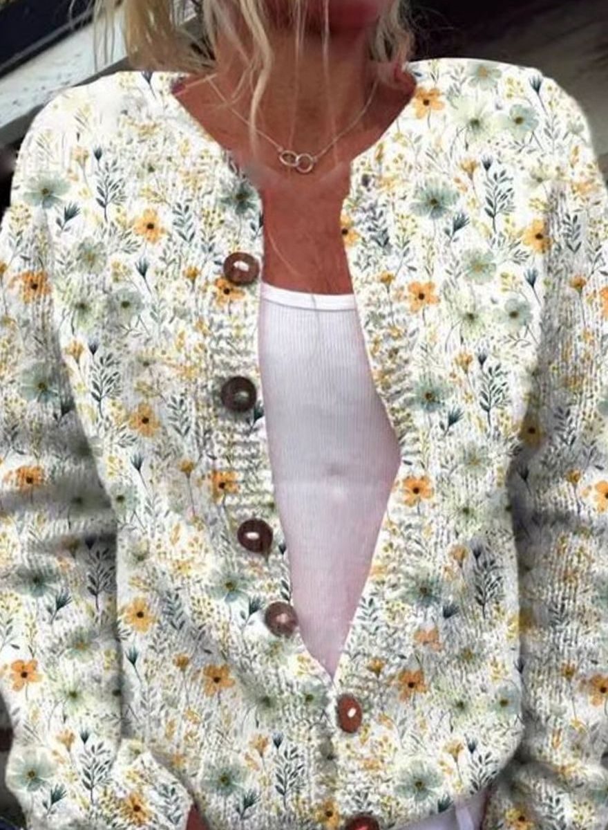 Women's Floral Button-Up Long Sleeve Cardigan - White