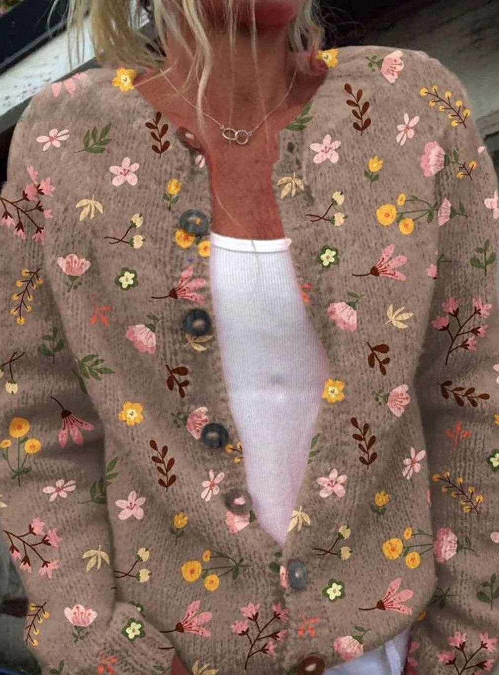 Women's Floral Button-Up Long Sleeve Cardigan - Brown