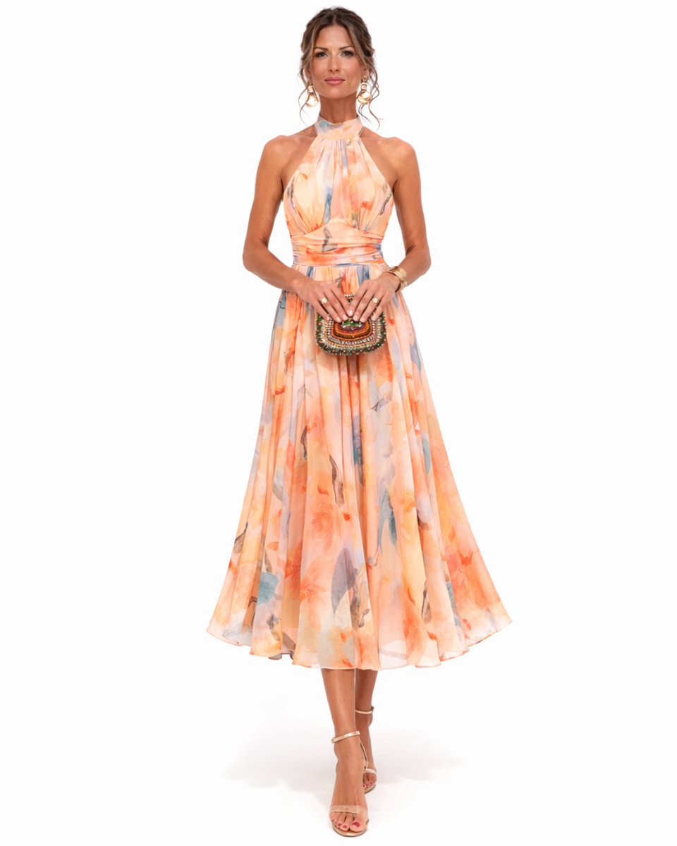 Women's Floral Chiffon Halter Neck Midi Dress
