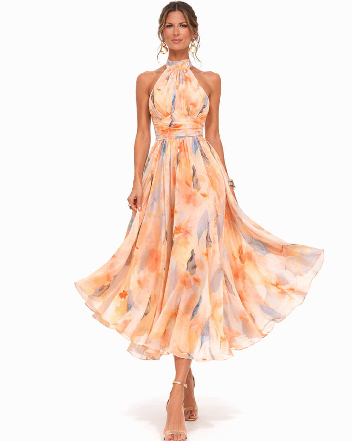 Women's Floral Chiffon Halter Neck Midi Dress