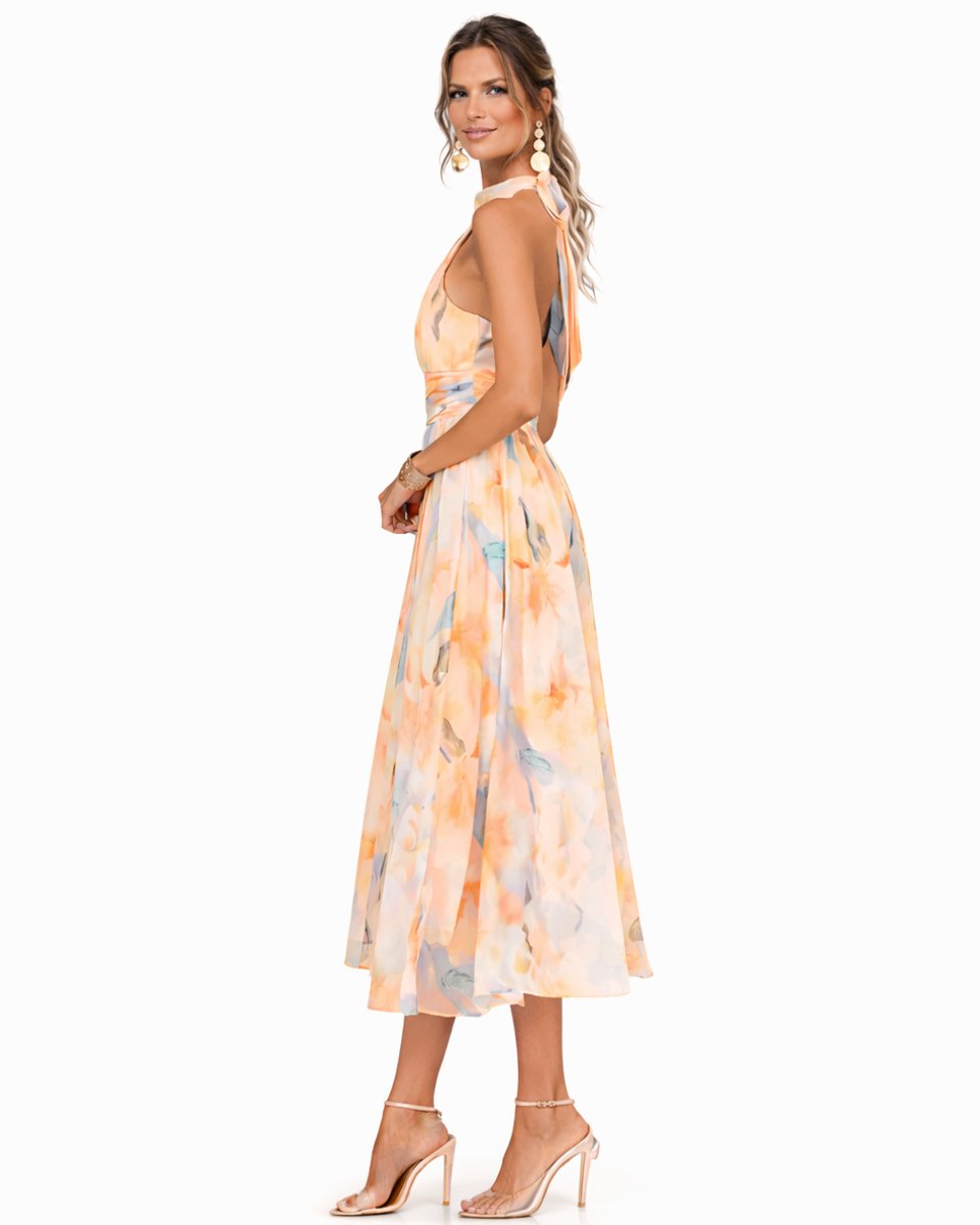 Women's Floral Chiffon Halter Neck Midi Dress