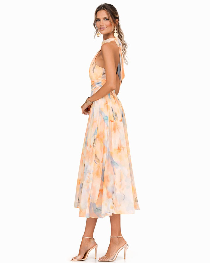 Women's Floral Chiffon Halter Neck Midi Dress