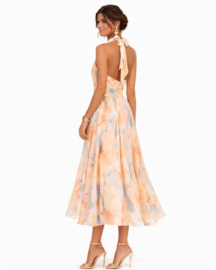 Women's Floral Chiffon Halter Neck Midi Dress
