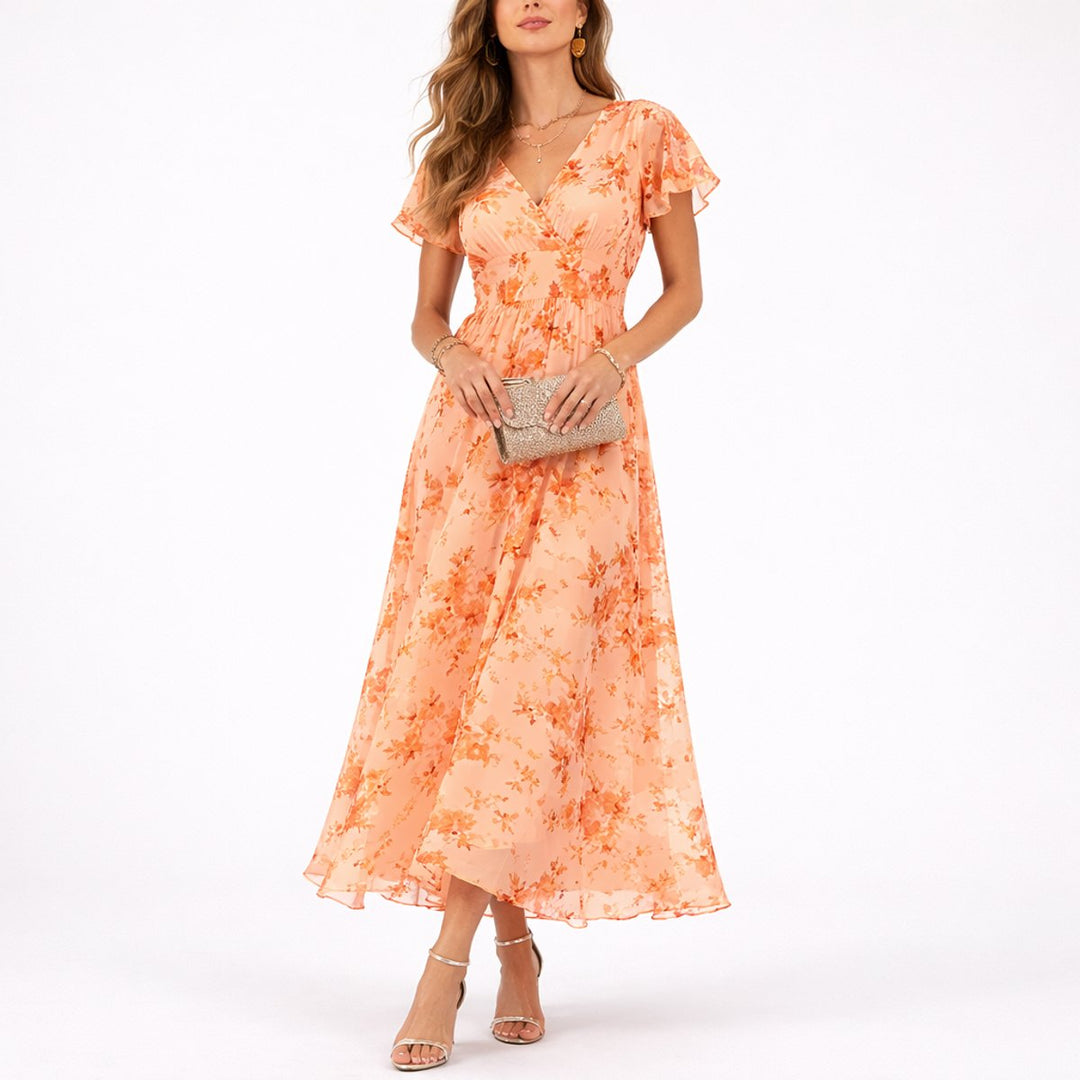 Women's Floral Chiffon Maxi Fall Wedding Guest Dresses V-Neck - Orange