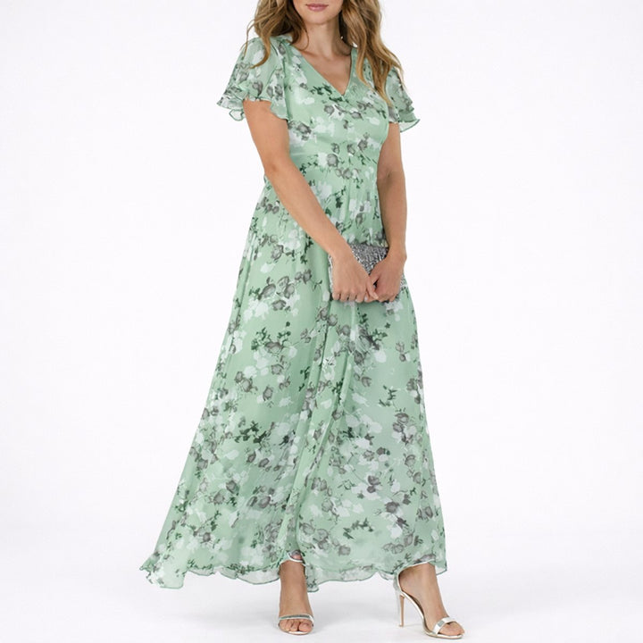 Women's Floral Chiffon Maxi Fall Wedding Guest Dresses V-Neck - Green