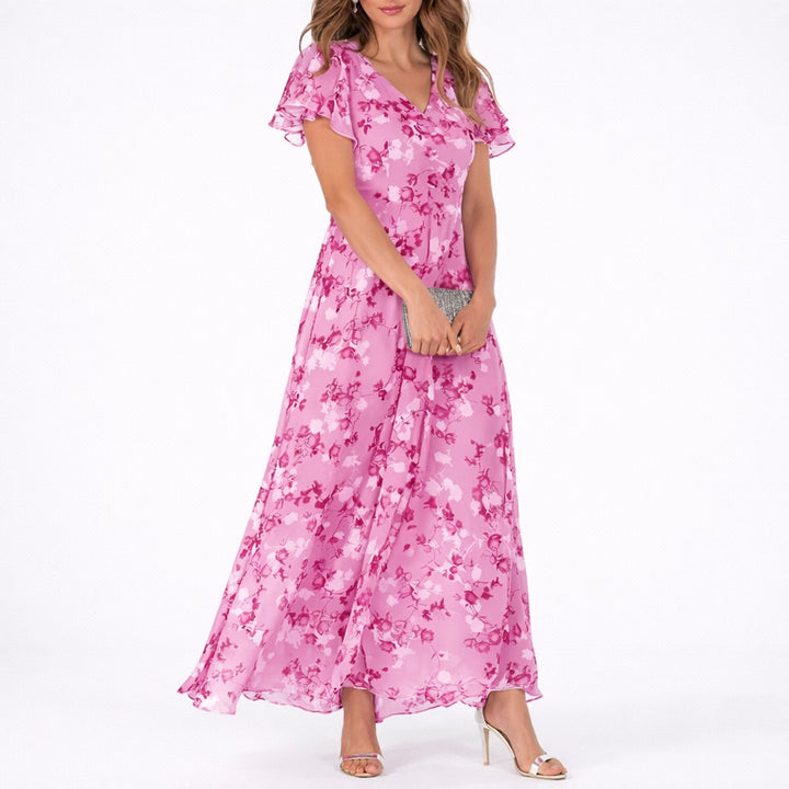 Women's Floral Chiffon Maxi Fall Wedding Guest Dresses V-Neck - Pink