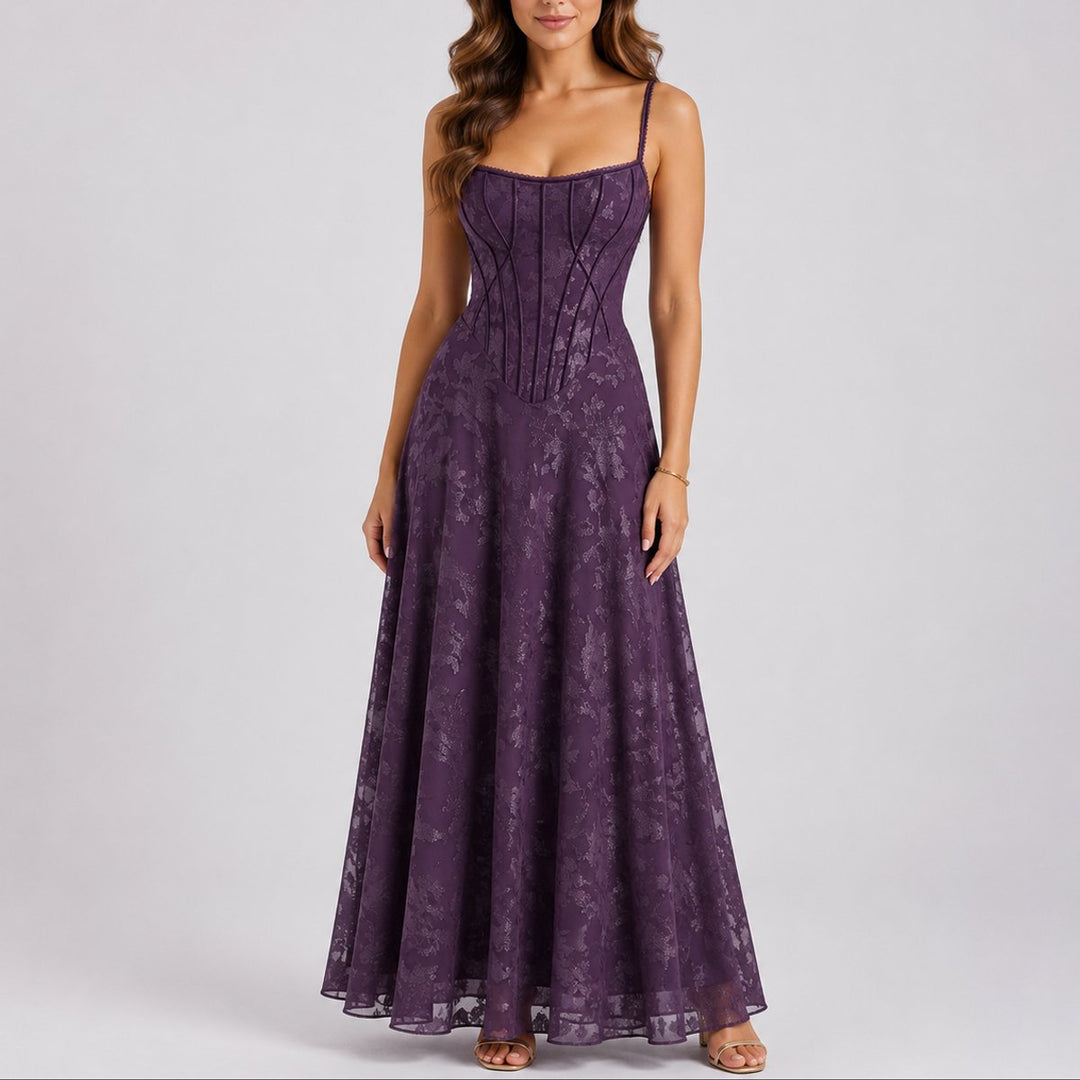 Women's Floral Corset Bodice A-Line Maxi Fall Wedding Guest Dress - Purple