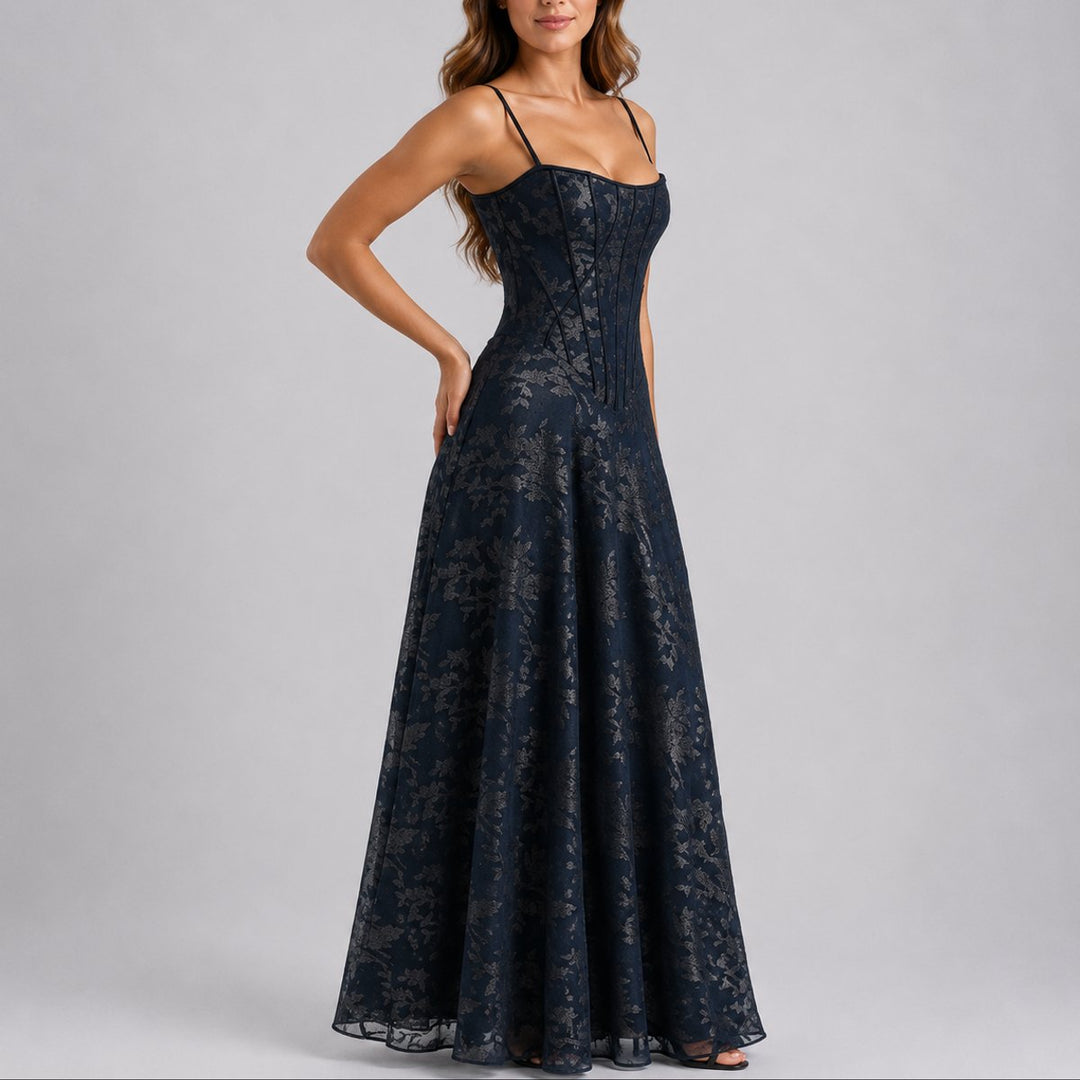 Women's Floral Corset Bodice A-Line Maxi Fall Wedding Guest Dress - Navy