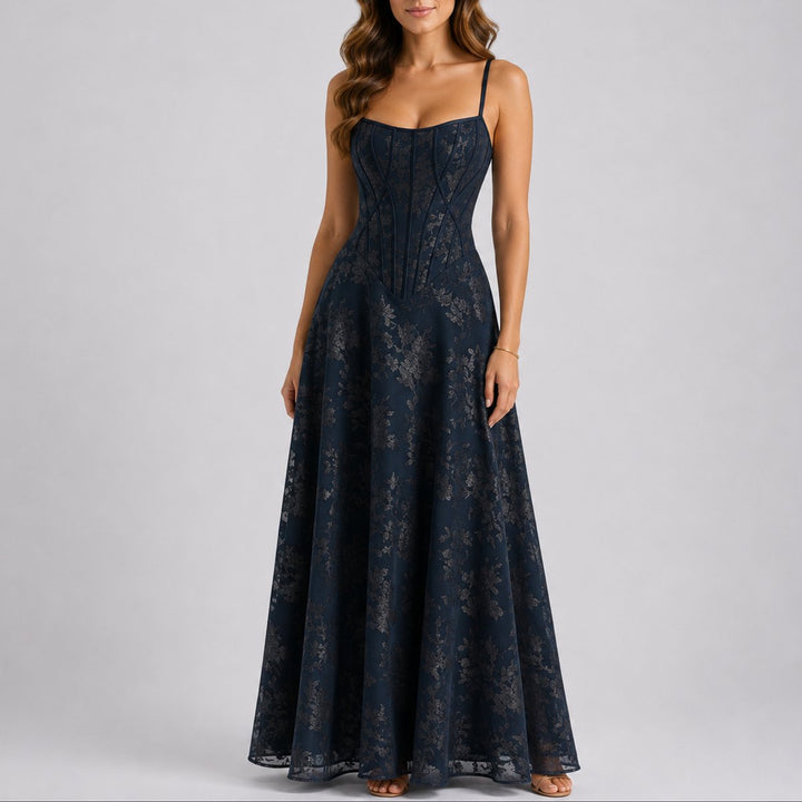 Women's Floral Corset Bodice A-Line Maxi Fall Wedding Guest Dress