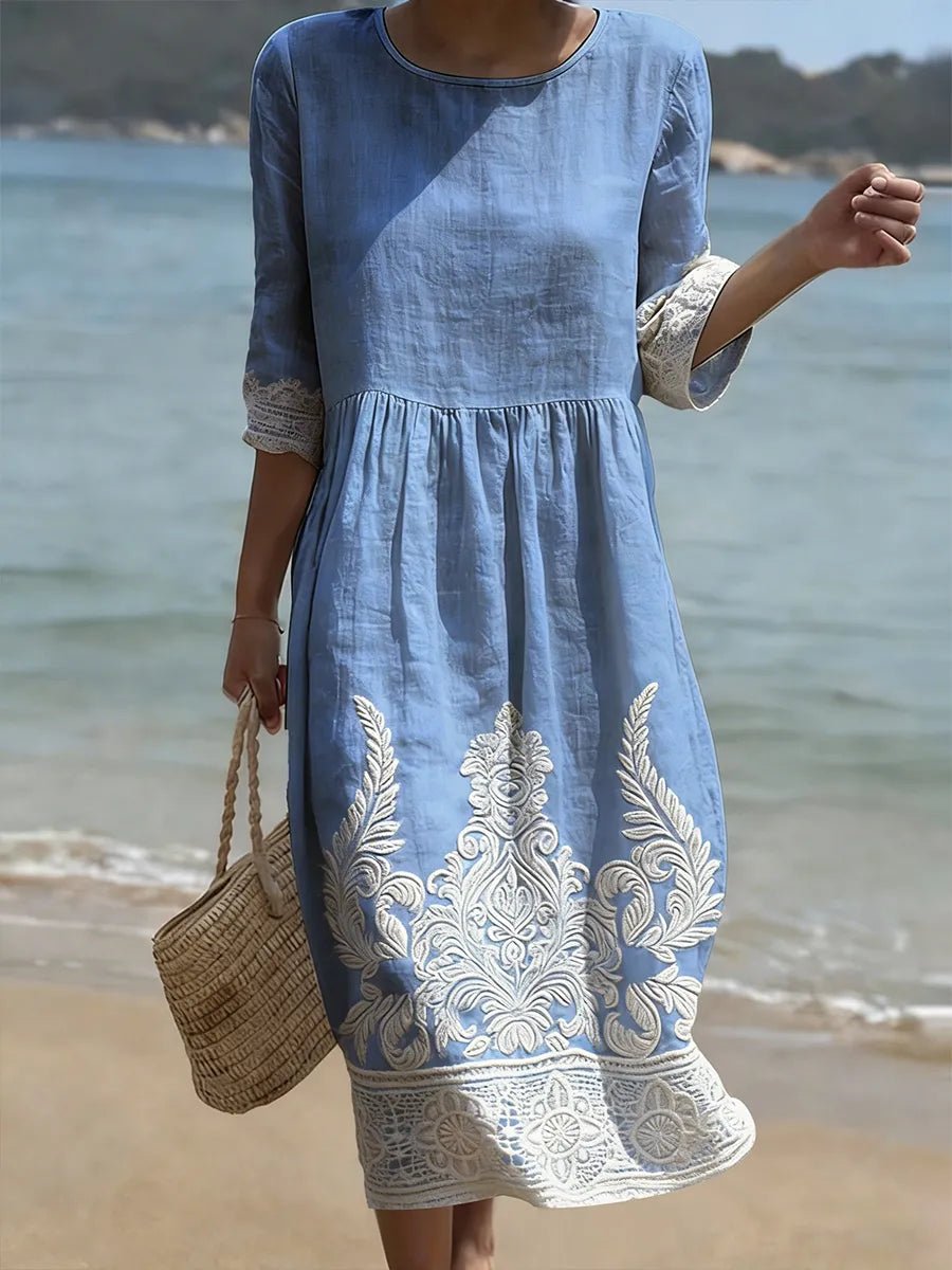 Women's Floral Embroidered Lace-Trim Midi Party Dress - Blue