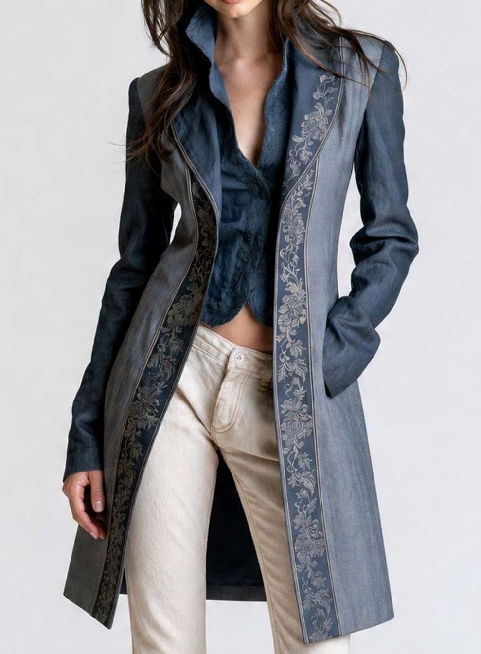 Women's Floral Embroidered Long Denim Blazer Coat - Navy Blue