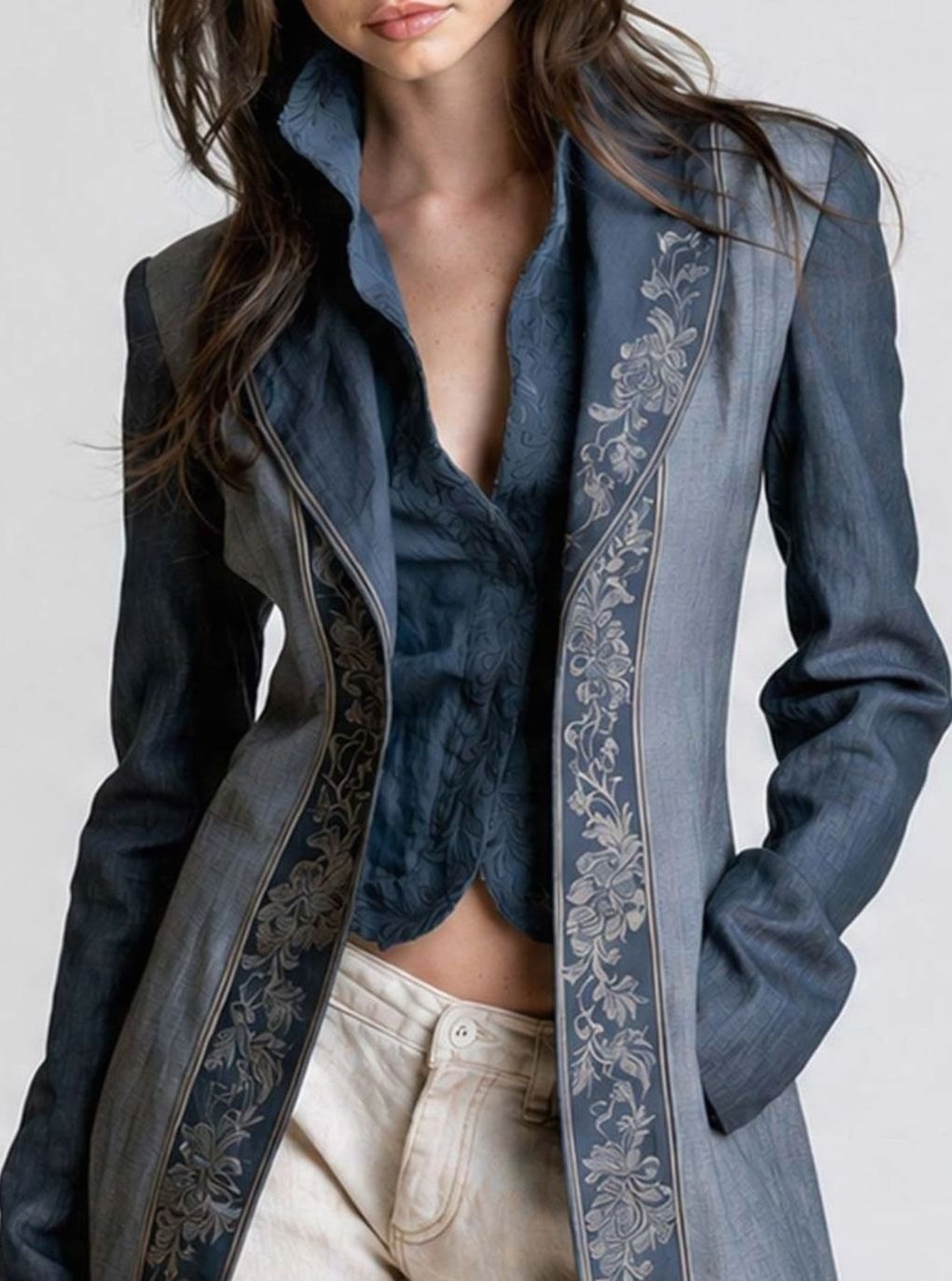 Women's Floral Embroidered Long Denim Blazer Coat