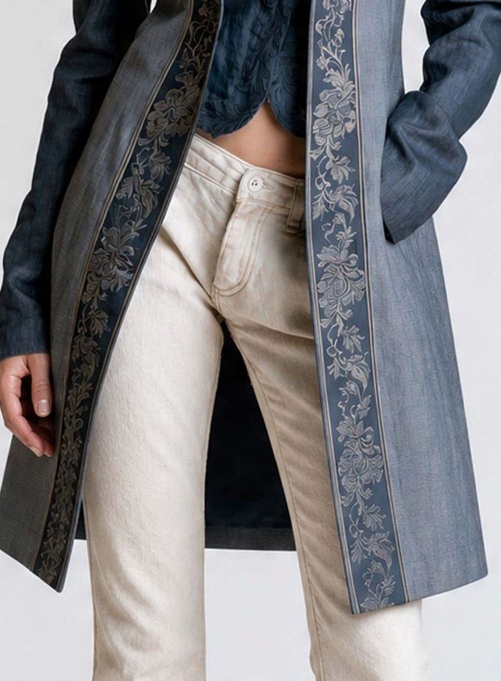 Women's Floral Embroidered Long Denim Blazer Coat