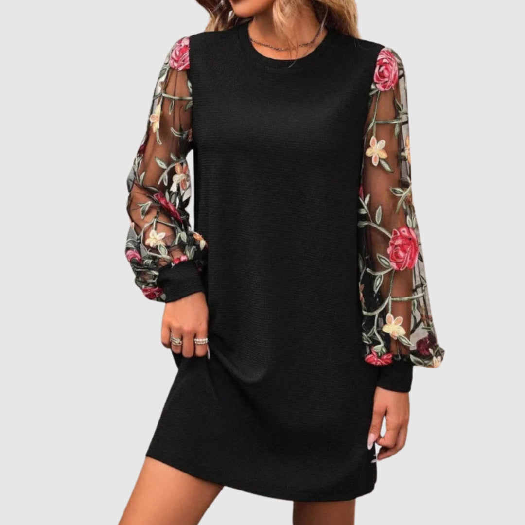 Women's Floral Embroidered Mesh Long Sleeve Mini Dress