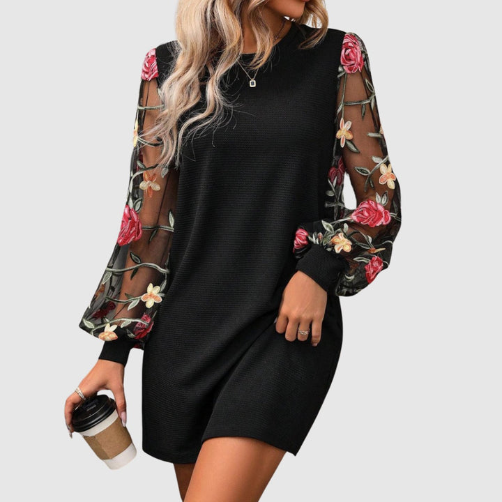 Women's Floral Embroidered Mesh Long Sleeve Mini Dress