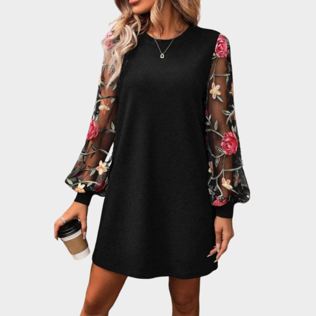 Women's Floral Embroidered Mesh Long Sleeve Mini Dress