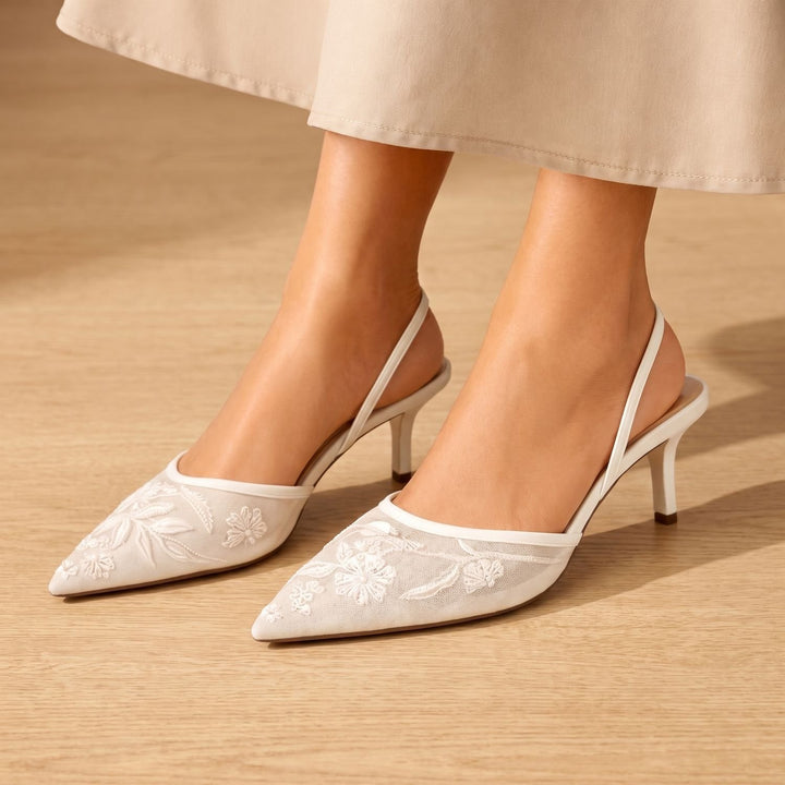 Women's Floral Embroidered Mesh Slingback Kitten Heel Mules - White
