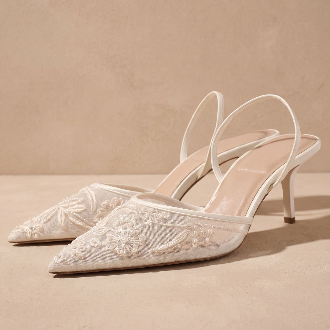 Women's Floral Embroidered Mesh Slingback Kitten Heel Mules
