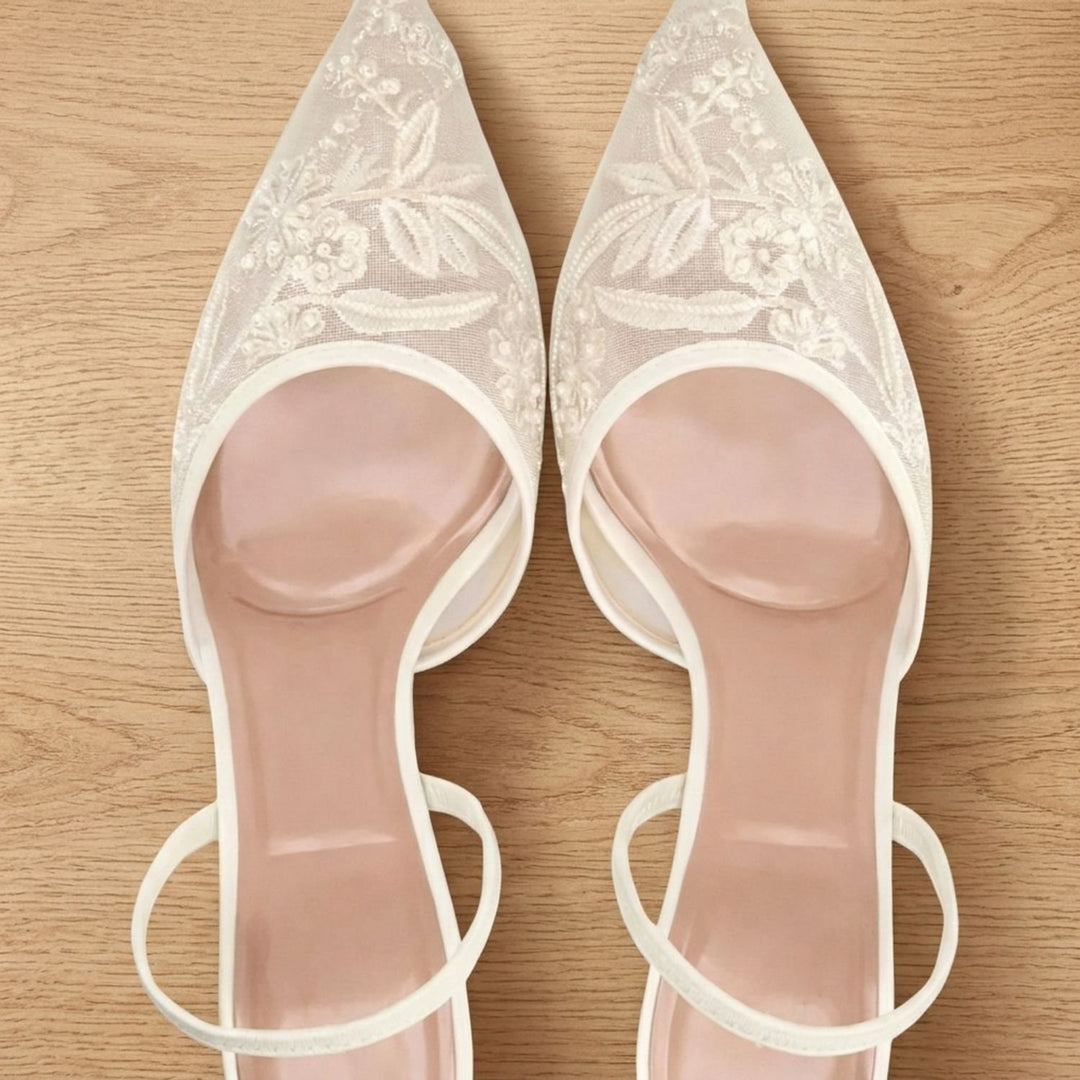 Women's Floral Embroidered Mesh Slingback Kitten Heel Mules