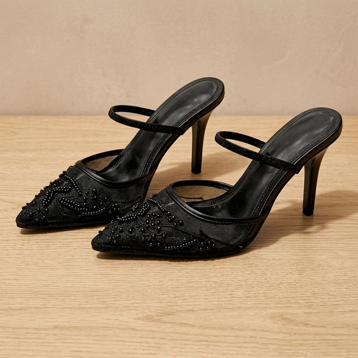 Women's Floral Embroidered Mesh Slingback Kitten Heel Mules - Black
