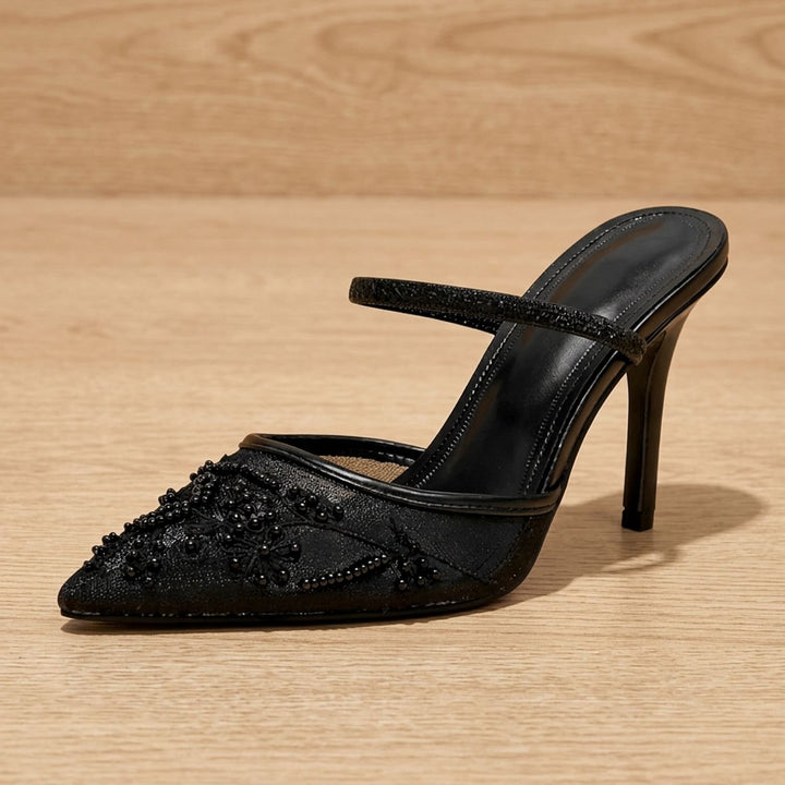 Women's Floral Embroidered Mesh Slingback Kitten Heel Mules