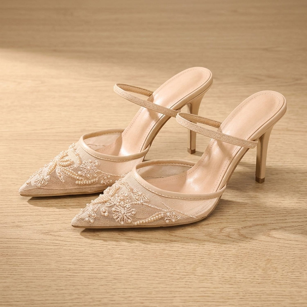 Women's Floral Embroidered Mesh Slingback Kitten Heel Mules - Beige