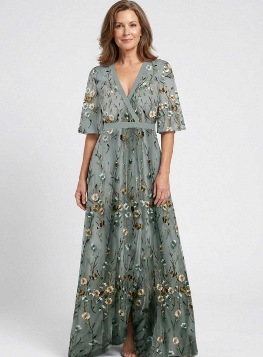 Women's Floral Embroidered V-Neck Flutter-Sleeve Maxi Dress - Green