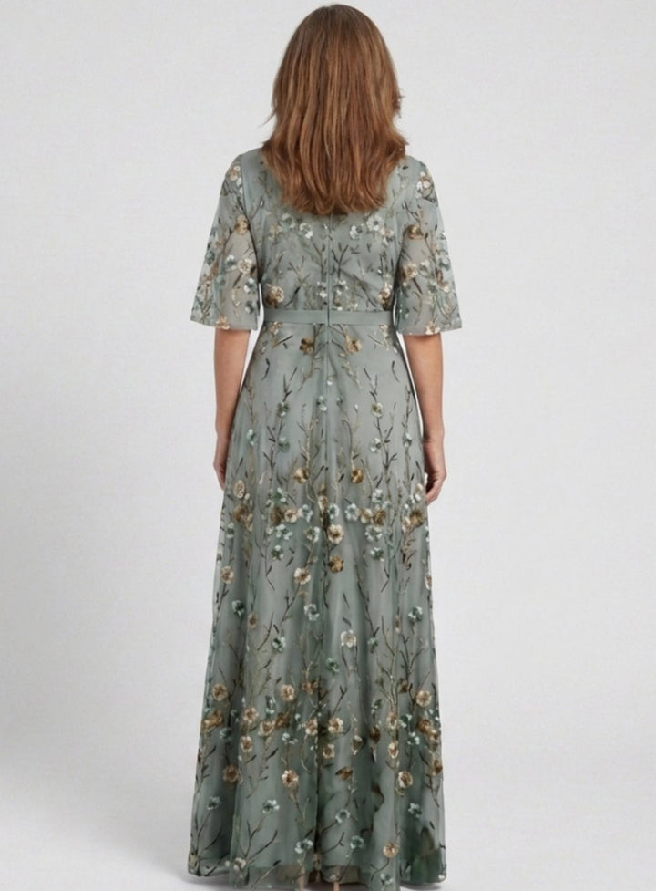 Women's Floral Embroidered V-Neck Flutter-Sleeve Maxi Dress