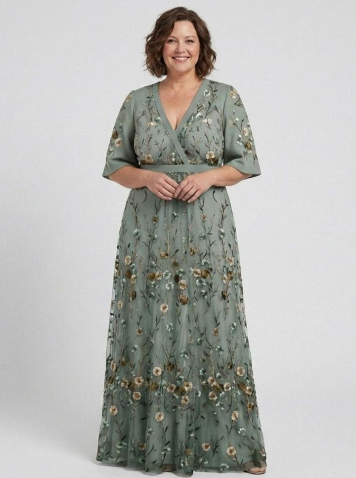 Women's Floral Embroidered V-Neck Flutter-Sleeve Maxi Dress
