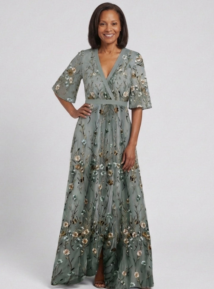 Women's Floral Embroidered V-Neck Flutter-Sleeve Maxi Dress