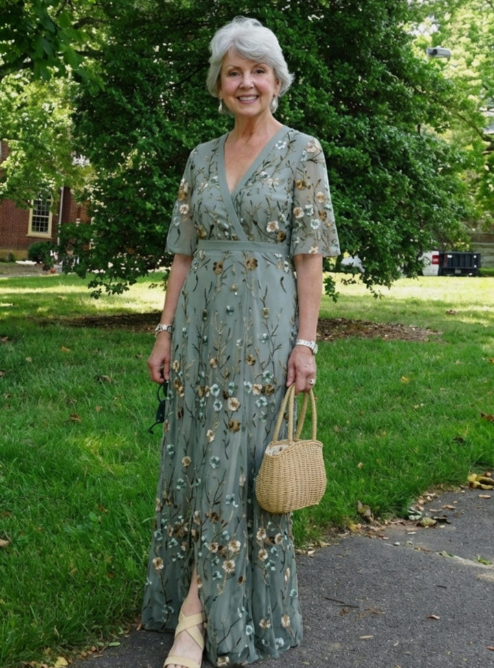 Women's Floral Embroidered V-Neck Flutter-Sleeve Maxi Dress