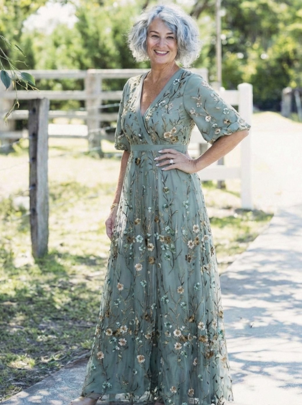 Women's Floral Embroidered V-Neck Flutter-Sleeve Maxi Dress
