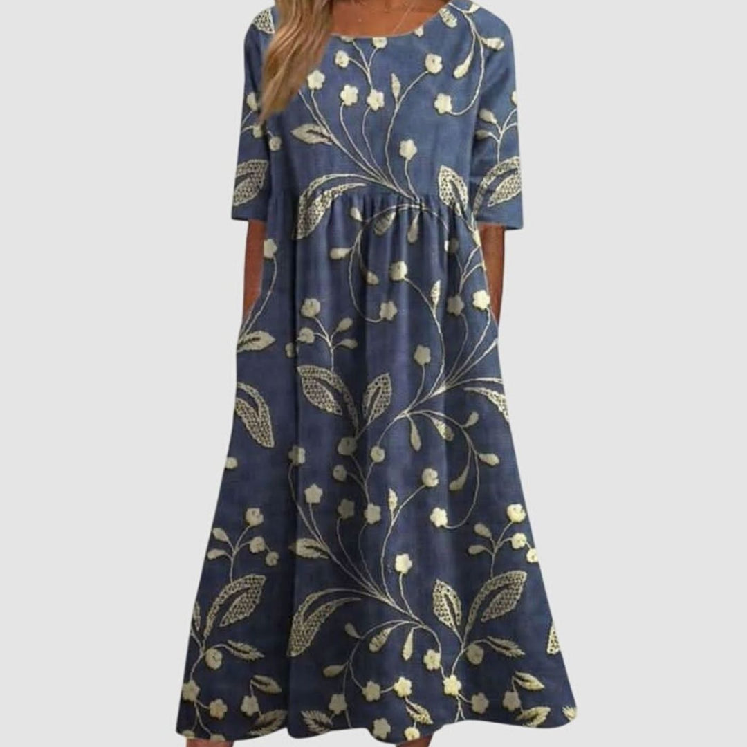 Women's Floral Flowy Midi Occasion Dress Half Sleeve - Navy Blue