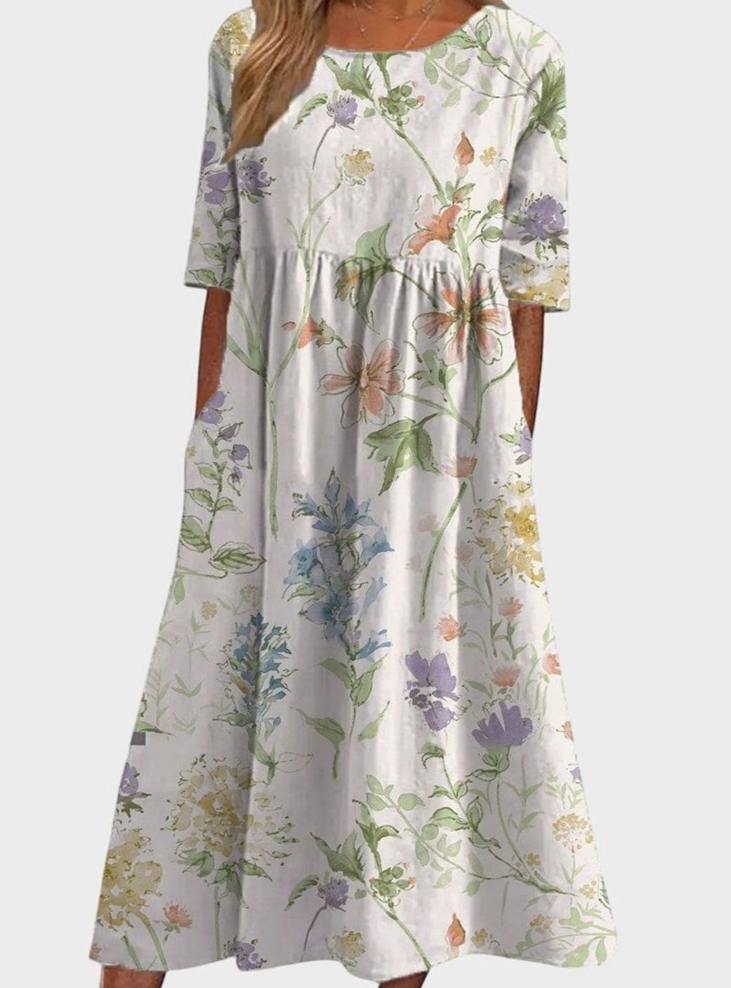Women's Floral Flowy Midi Occasion Dress Half Sleeve - White