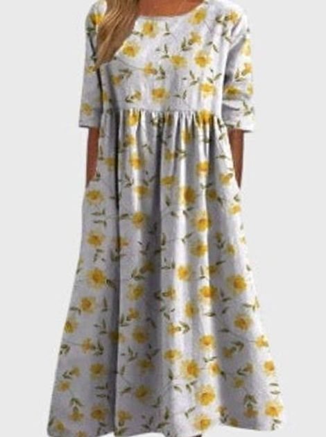 Women's Floral Flowy Midi Occasion Dress Half Sleeve - Light Yellow
