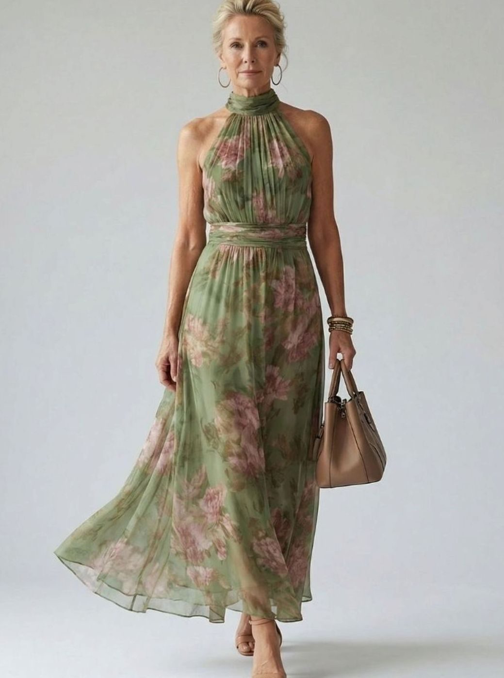 Women's Floral Gathered Halter Maxi Dress Defined Waist - Sage Green