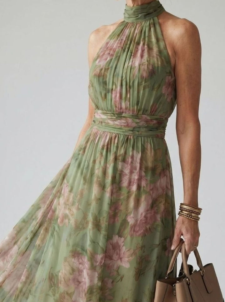 Women's Floral Gathered Halter Maxi Dress Defined Waist