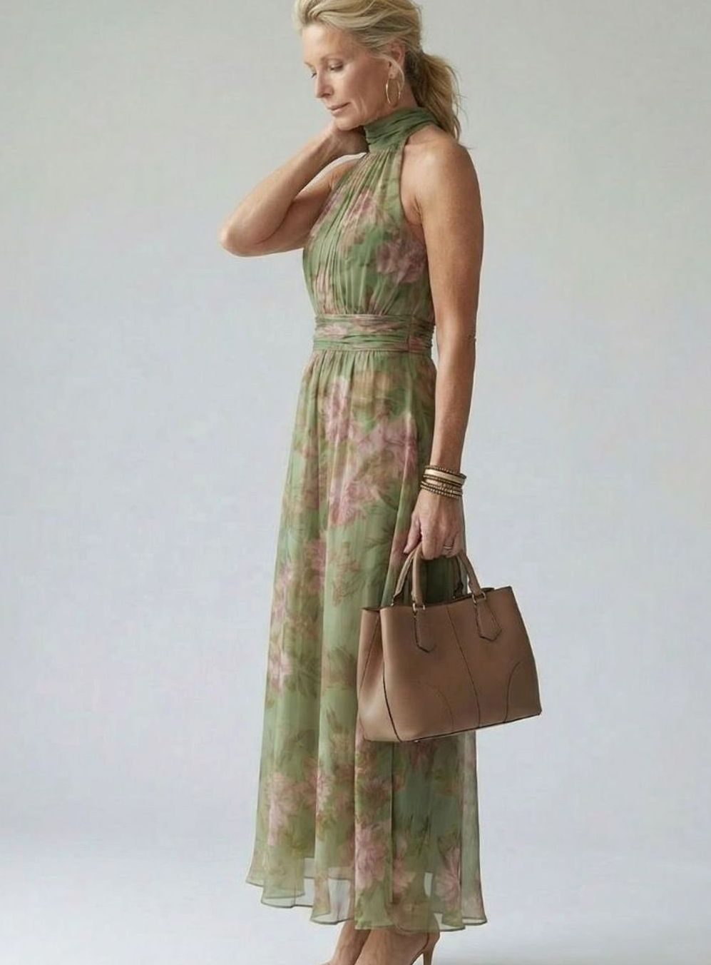 Women's Floral Gathered Halter Maxi Dress Defined Waist