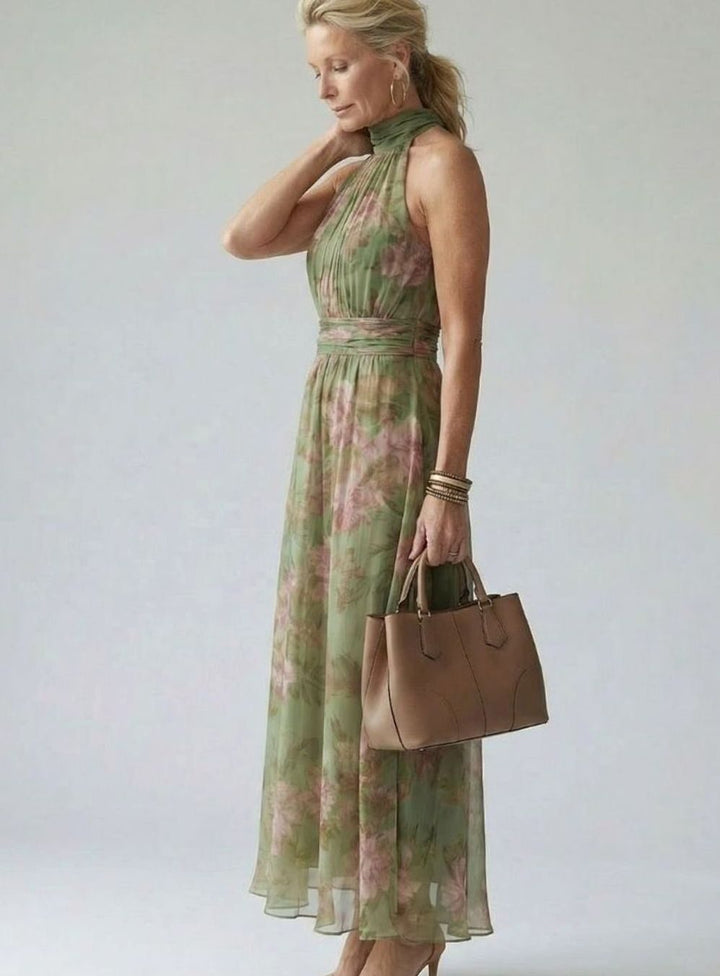 Women's Floral Gathered Halter Maxi Dress Defined Waist