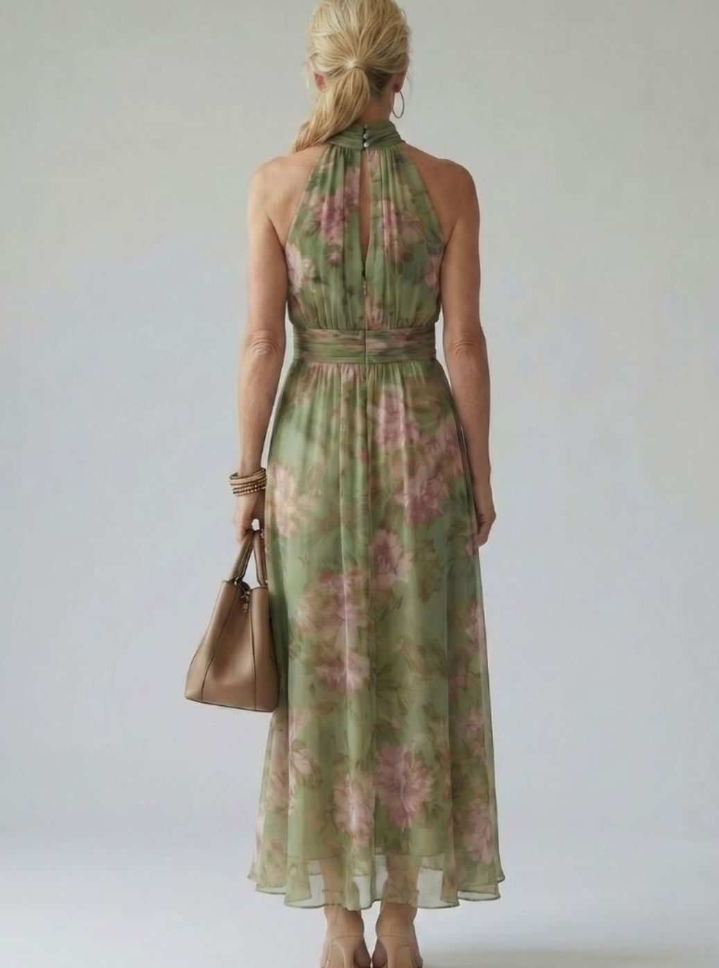 Women's Floral Gathered Halter Maxi Dress Defined Waist
