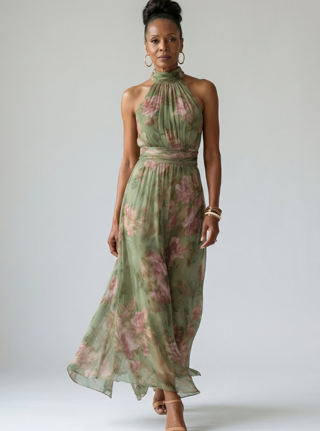 Women's Floral Gathered Halter Maxi Dress Defined Waist