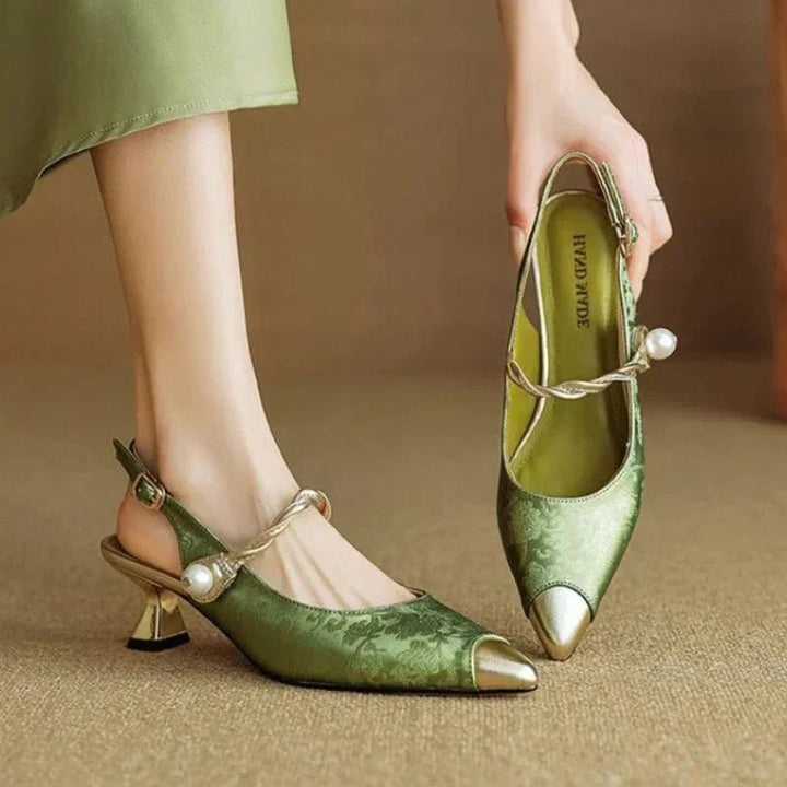 Women's Floral Jacquard Pearl-Strap Pointed-Toe Slingback Kitten Heel Pumps - Green